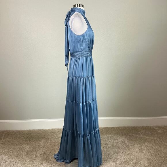 Mac Duggal 70168 Metallic Pleated Halter A-Line Gown Slate Blue Size 8 Dress - Picture 4 of 11